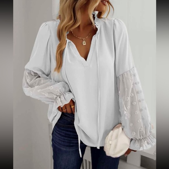 Boho white Swiss dot sleeve tie neck blouse - Picture 5 of 6